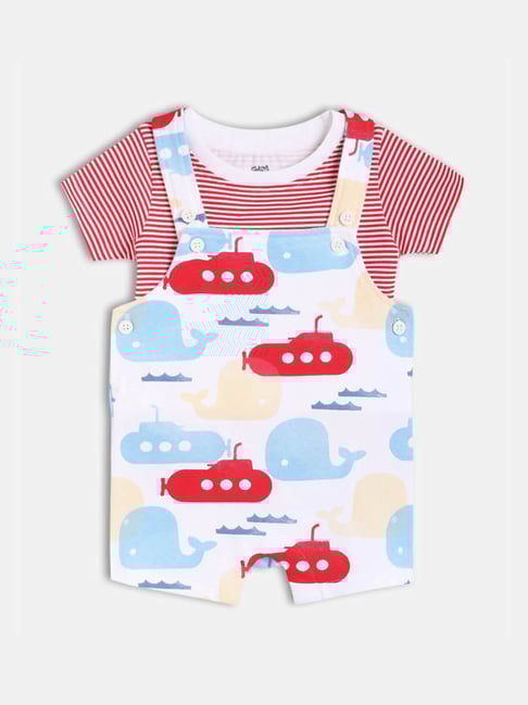 MINIKLUB Red & Multi Cotton Half Sleeves Submarine Printed Dungaree With Tee