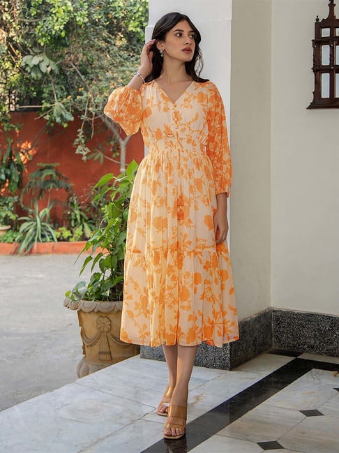 Janasya Orange Floral Dress