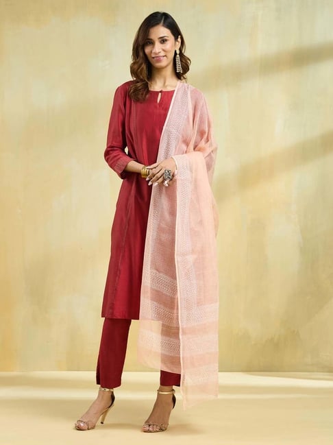 Fabindia Peach Printed Dupatta-image-32