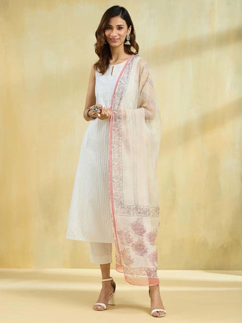 Fabindia White-Pink Printed Dupatta-picture-24