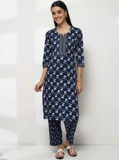 Rangriti Indigo Cotton Regular Fit Printed Kurta-picture-33