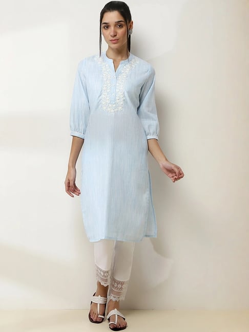 Rangriti Blue Cotton Regular Fit Embroidered Kurta-picture-30