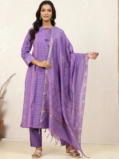 Biba Purple Cotton Regular Fit Embroidered Unstitched Dress Material
