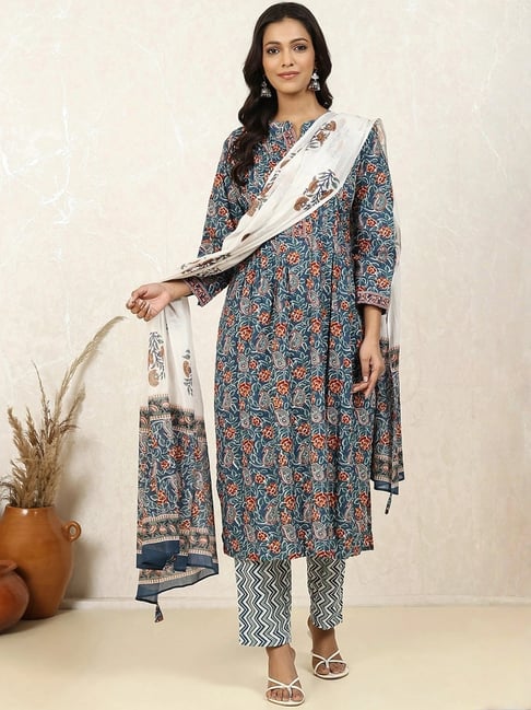 biba cotton dress material Biba Blue Cotton Regular Fit Printed Unstitched Dress Material