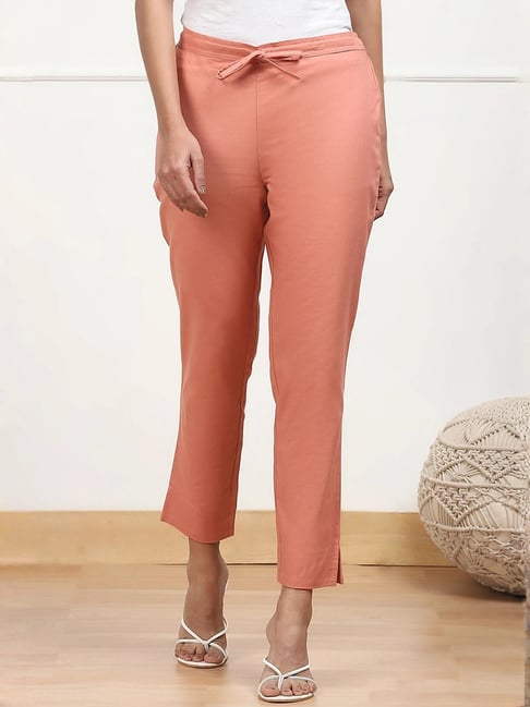 Biba Peach Cotton Regular Fit Pants
