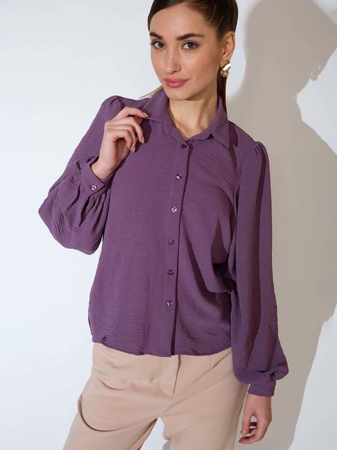 Globus Women Lavender Self Design Collared Neck Balloon Sleeves Shirt Style Workwear Top-picture-23