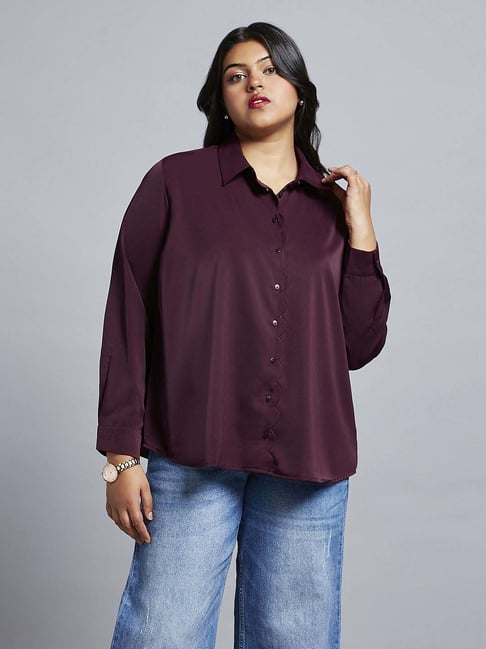 Globus Gloplus Women Wine Collared Neck Cuff Sleeves Shirt Style Plus Size Workwear Top-picture-41