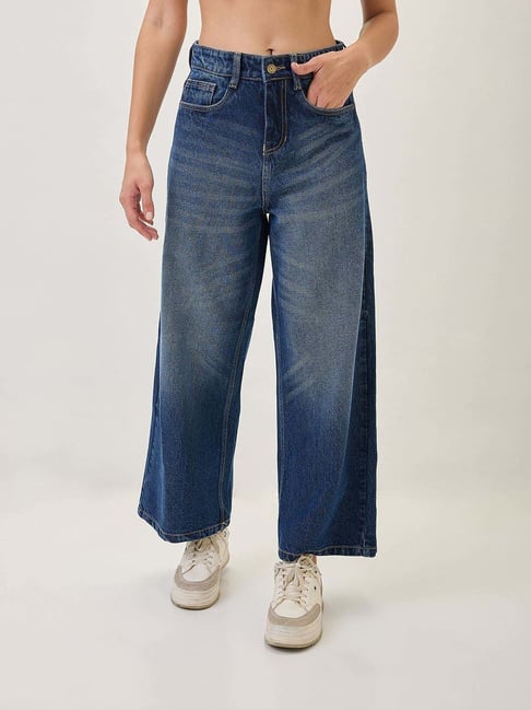 Globus Women Dark Blue Cotton Whiskers Effect Mid-Rise Wide Leg Denim Jeans-picture-31