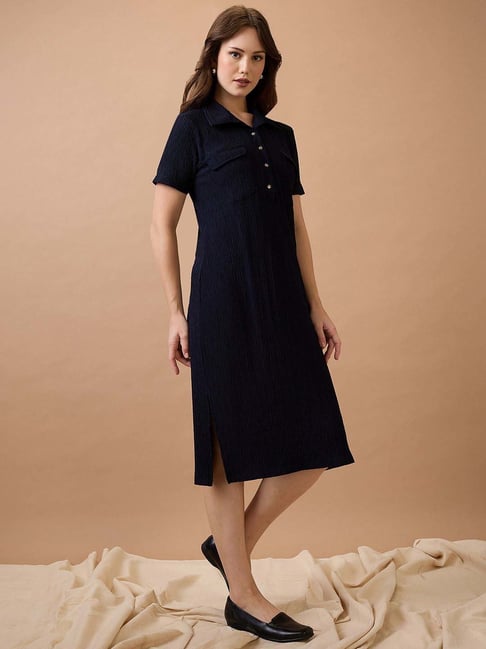 Globus Women Navy Blue Self Design Shirt Collar Pocket Detail Midi Sheath Workwear Dress-picture-19