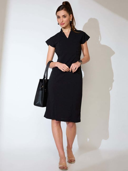 Globus Women Black V-Neck Cap Sleeves Sheath Midi Workwear