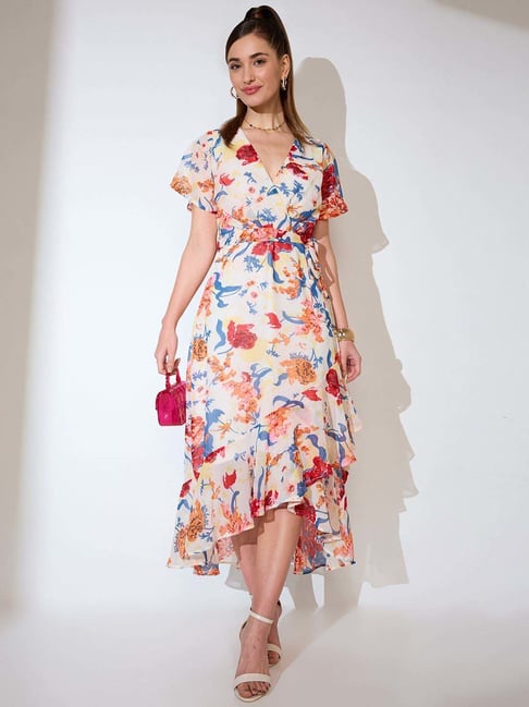 Globus Women White Floral Print Wrap Neck Waist Tie-Up Ruffled Tulip Hem  A-line Midi Dress