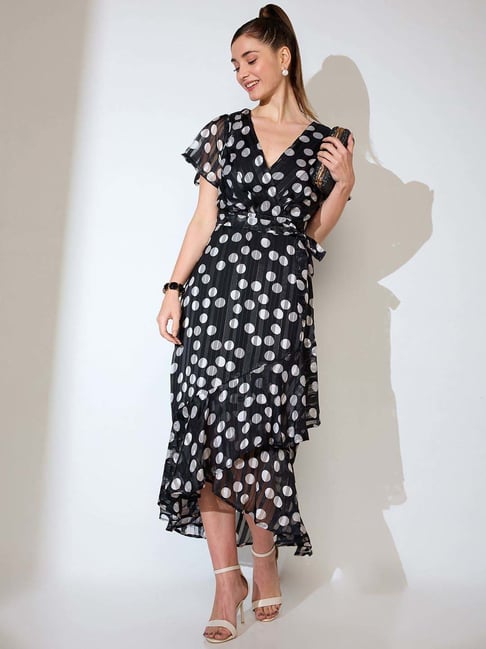 Globus Women Black Polka Dot Print Wrap Neck Waist Tie-Up Ruffled Tulip Hem  A-line Midi Dress