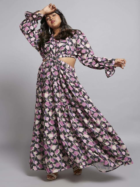 Globus Gloplus Women Black Floral Print Cut-Out Detail Tiered Fit Flare  Plus Size Maxi Dress