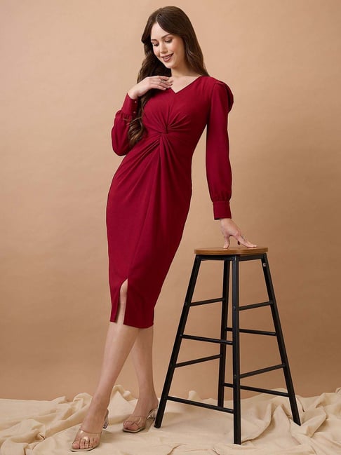 Globus Women Maroon V-Neck Cuffed Sleeves Twisted Detail Midi Bodycon Party  Dress