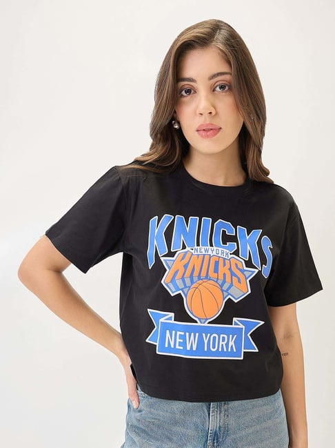 Globus Women Black Typography Printed Round Neck Cotton Oversized Trendy Crop T-Shirt-picture-13