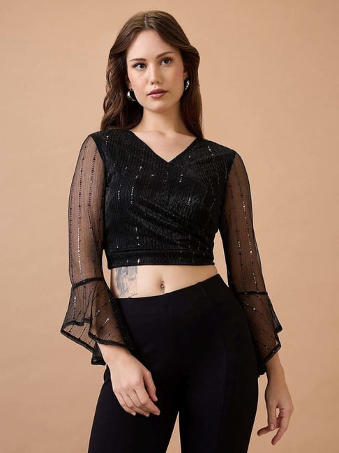 Globus Women Black V-Neck Flared Sleeves Embellished Sheen