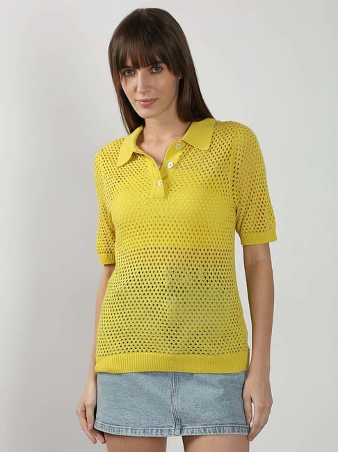 Vero Moda Yellow Regular Fit Self Pattern Polo T-Shirt