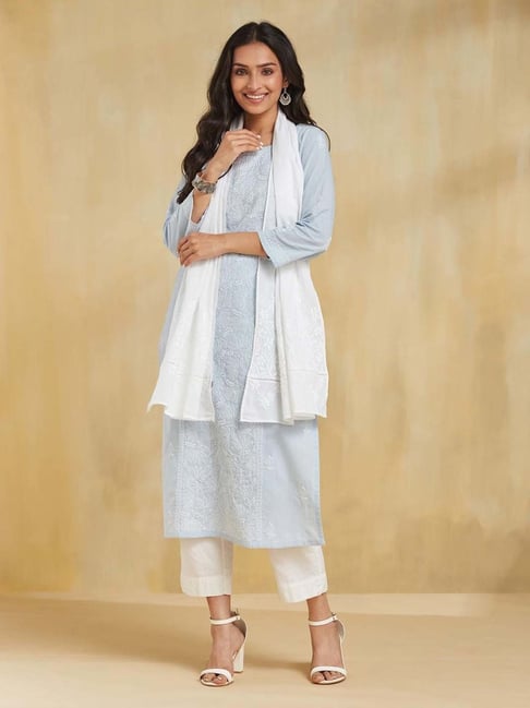 Fabindia White Cotton Regular Fit Embroidered Stole-picture-39