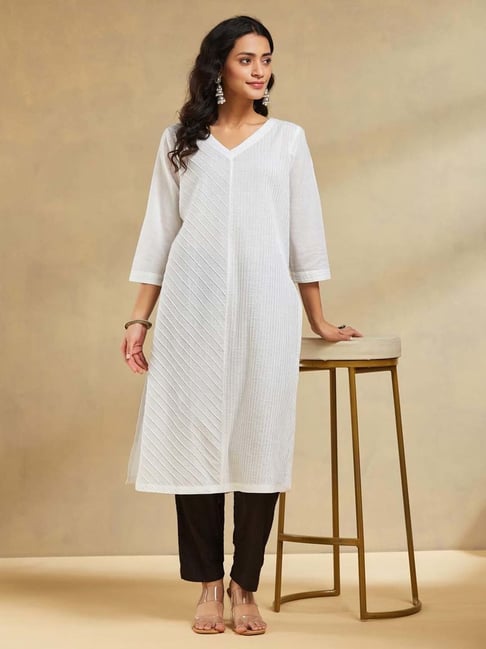 Fabindia White Cotton Regular Fit Striped Kurta-picture-19