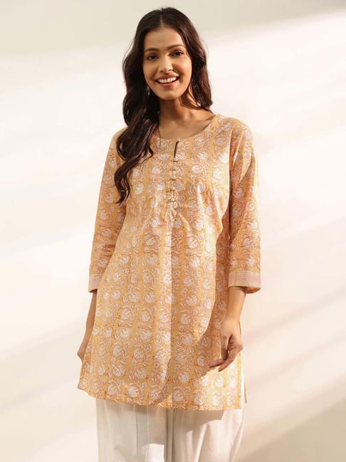 Fabindia Yellow Cotton Slim Fit Printed Kurti-picture-39