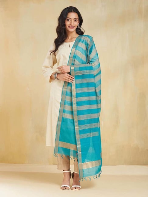 Fabindia Blue Cotton Regular Fit Striped Dupatta-image-24