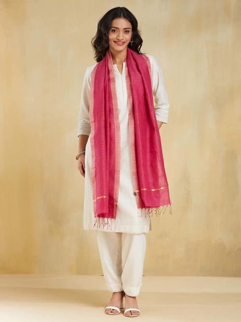 Fabindia Pink Regular Fit Striped Stole-image-33
