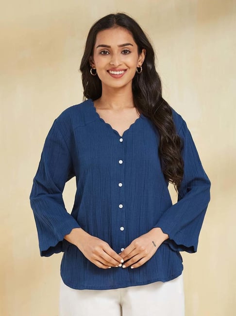 Fabindia Navy Cotton Regular Fit Top-picture-13
