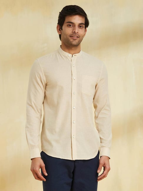 Fabindia Cream Cotton Slim Fit Striped Shirt-picture-40