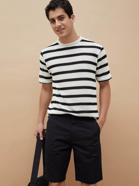 Fame Forever By Lifestyle White Black Relaxed Fit Striped T-Shirt