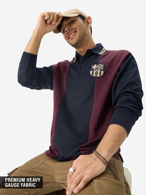 The Souled Store Blue & Maroon Cotton Regular Fit Colour Block Polo T-Shirt