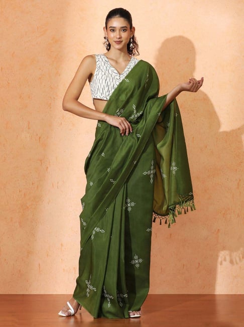 Jaipur Kurti Green Printed Saree with Unstitched Blouse-picture-15