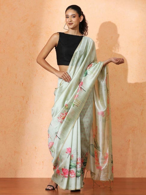 Jaipur Kurti Pista Floral Print Saree with Unstitched Blouse-picture-18