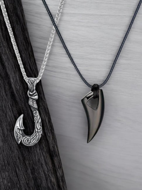 OOMPH Combo of 2 Black & Silver Pendant Necklace Hook & Animal Tooth Design For Men
