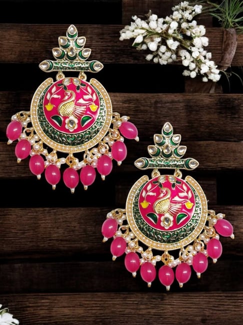 OOMPH Rani Pink & Green Meenakari Kundan & Beads Peacock Design Large Ethnic Drop Earrings-picture-19