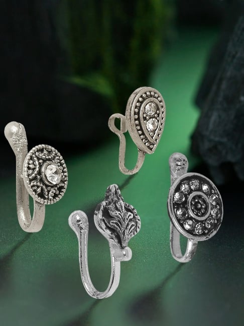 OOMPH Combo of 4 Oxidised Silver Ethnic Non-Piercing Nose Pin