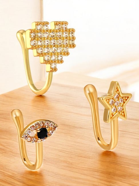 OOMPH Combo of 3 GoldCubic Zirconia Star, Heart, Evil Eye Shape Nose Pin