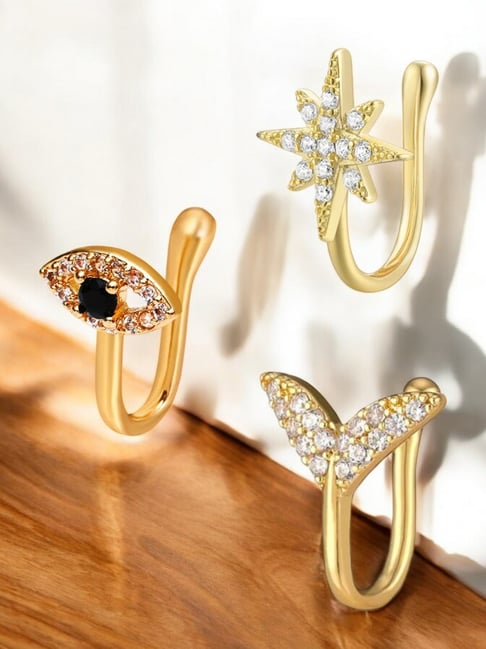 OOMPH Combo of 3 GoldCubic Zirconia Star, Heart, Fish Shape Nose Pin