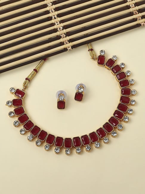 Buy OOMPH Ruby Maroon Jadau Ethnic Choker Necklace Set For Women