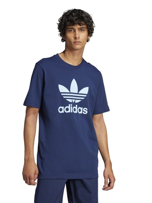Adidas Originals Blue Cotton Regular Fit Logo Printed Sports T-Shirt