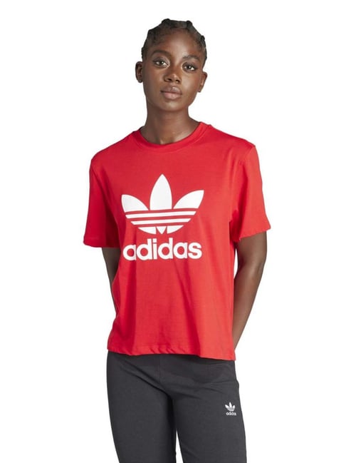 Adidas Originals Red Cotton Loose Fit Logo Printed Sports T-Shirt