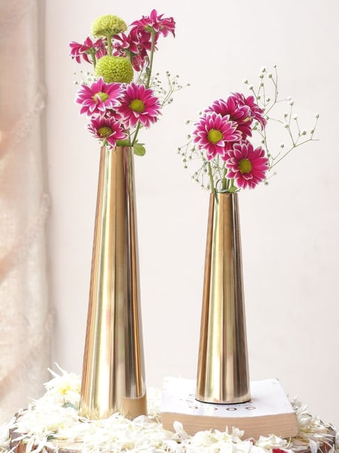 BEHOMA Golden Metal Slim Cone Flower Vase - Set of 2