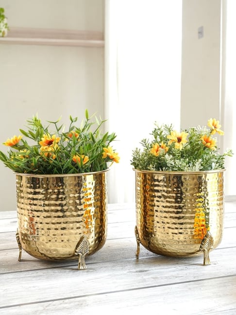 BEHOMA Gold Metal Hammered Leaf Leg Planter - Set of 2