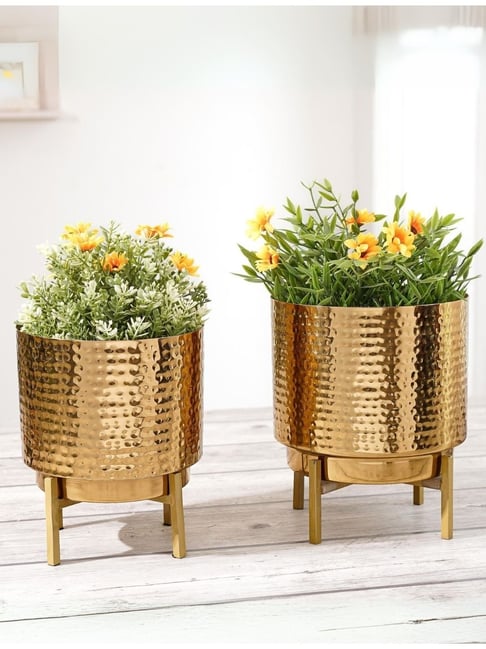 BEHOMA Gold Metal Elegance Hammered Planter - Set of 2