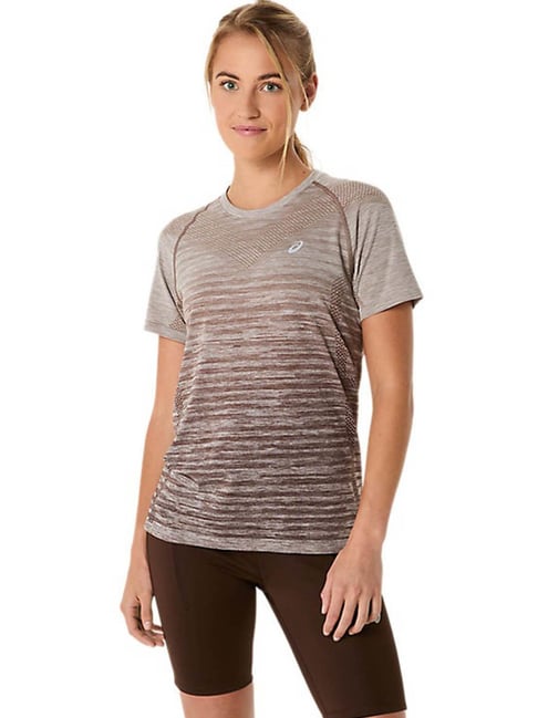 Asics Women's Taupe Grey Coffee Seamless Ss T-Shirt