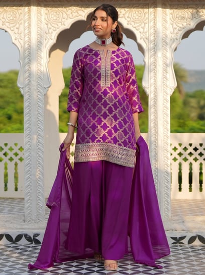 Buy Libas Purple Woven Pattern Kurti Palazzo Set With Dupatta for