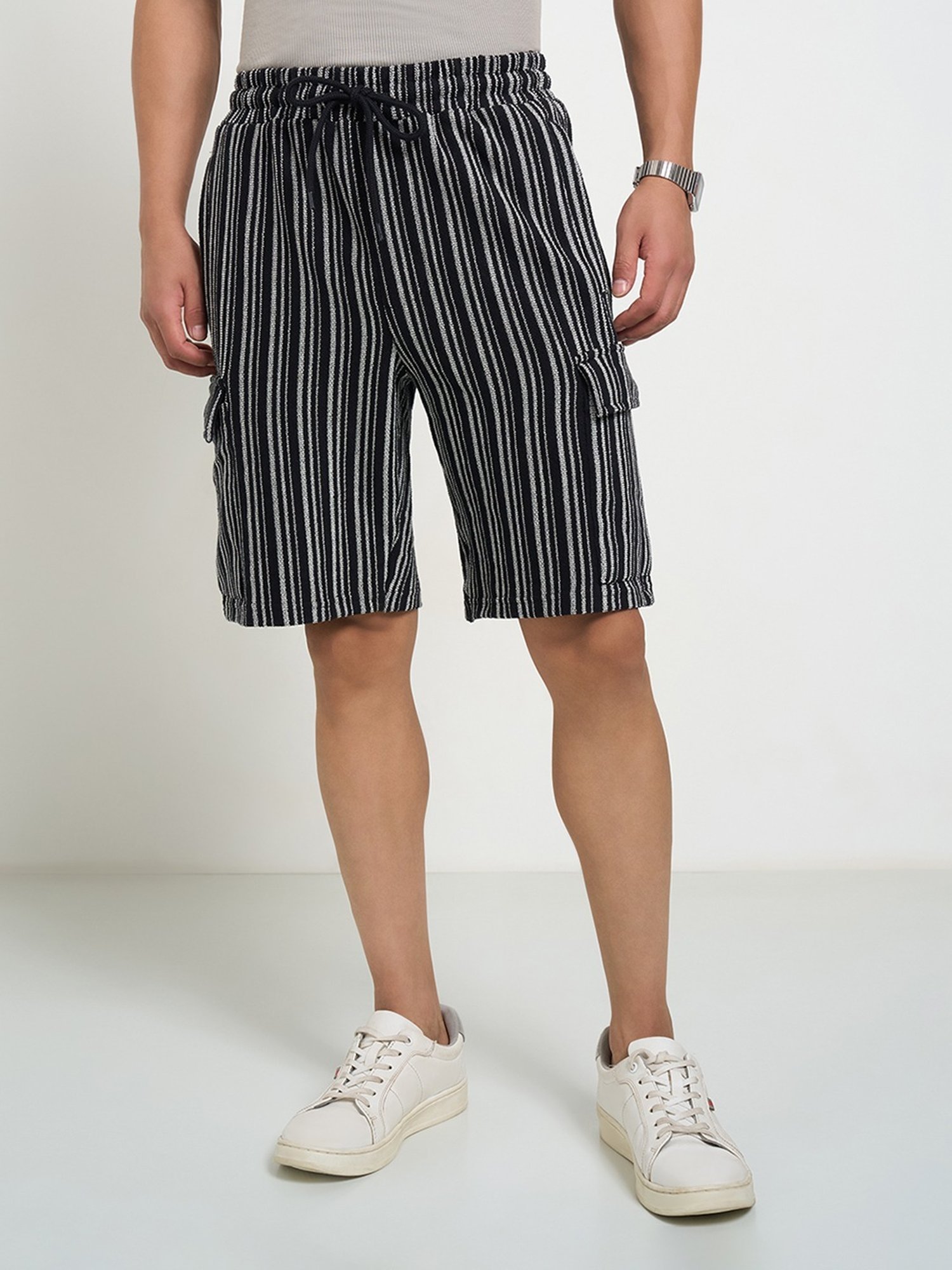 Buy People By Pantaloons Black Cotton Regular Fit Striped Shorts