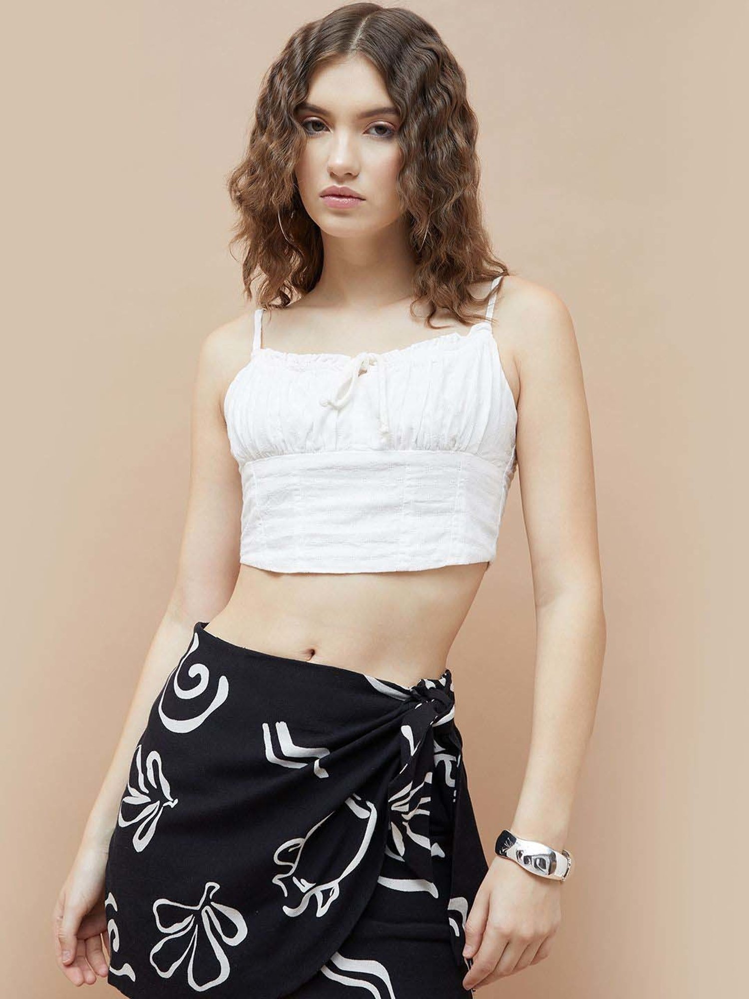 Ginger By Lifestyle Off White Cotton Regular Fit Crop Top
