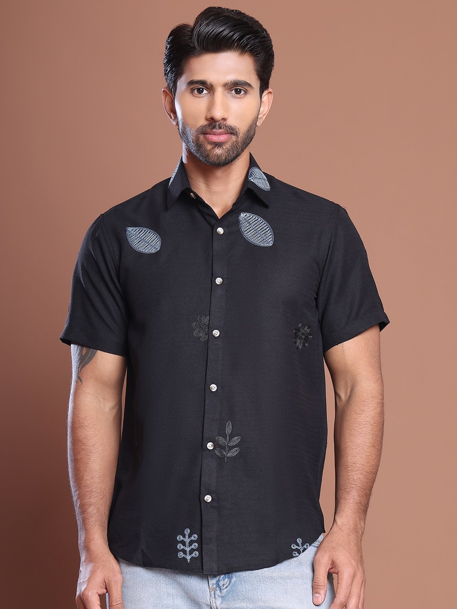 Indian Needle Black Regular fit Embroidery Shirt
