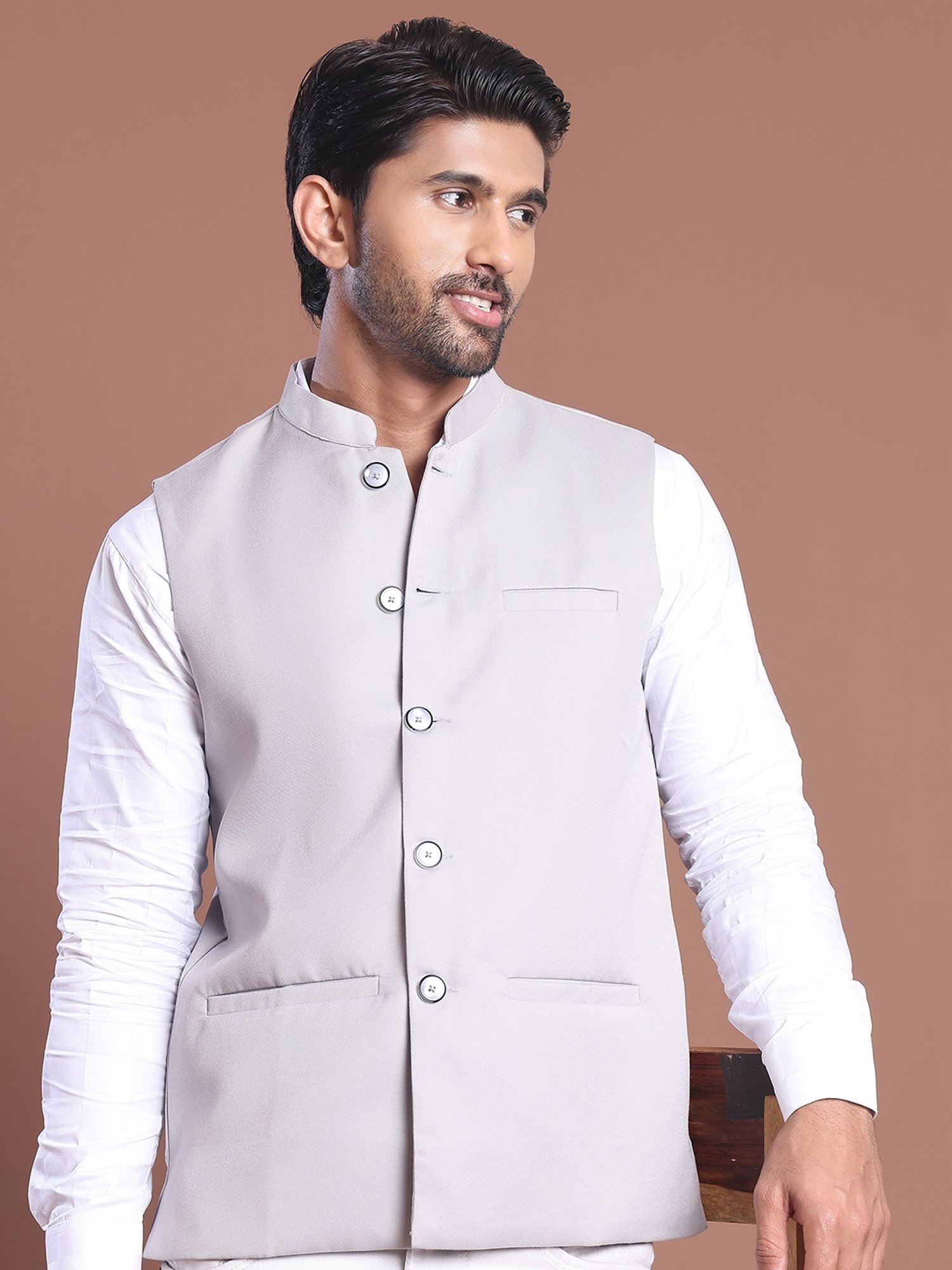 Jompers Grey Regular fit Solid Nehru Jacket