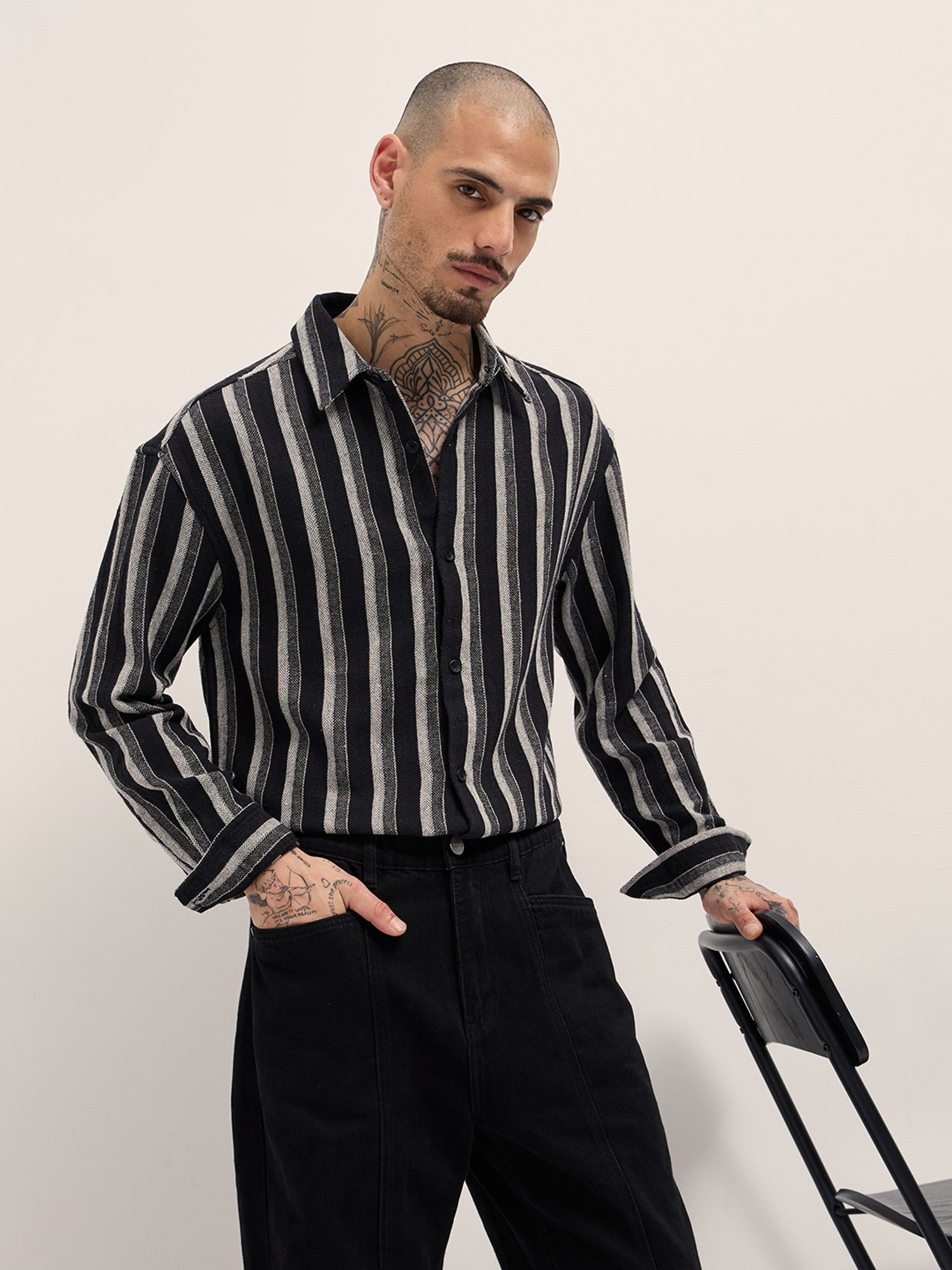 The Bear House Black Relaxed Fit Stripes Shirt